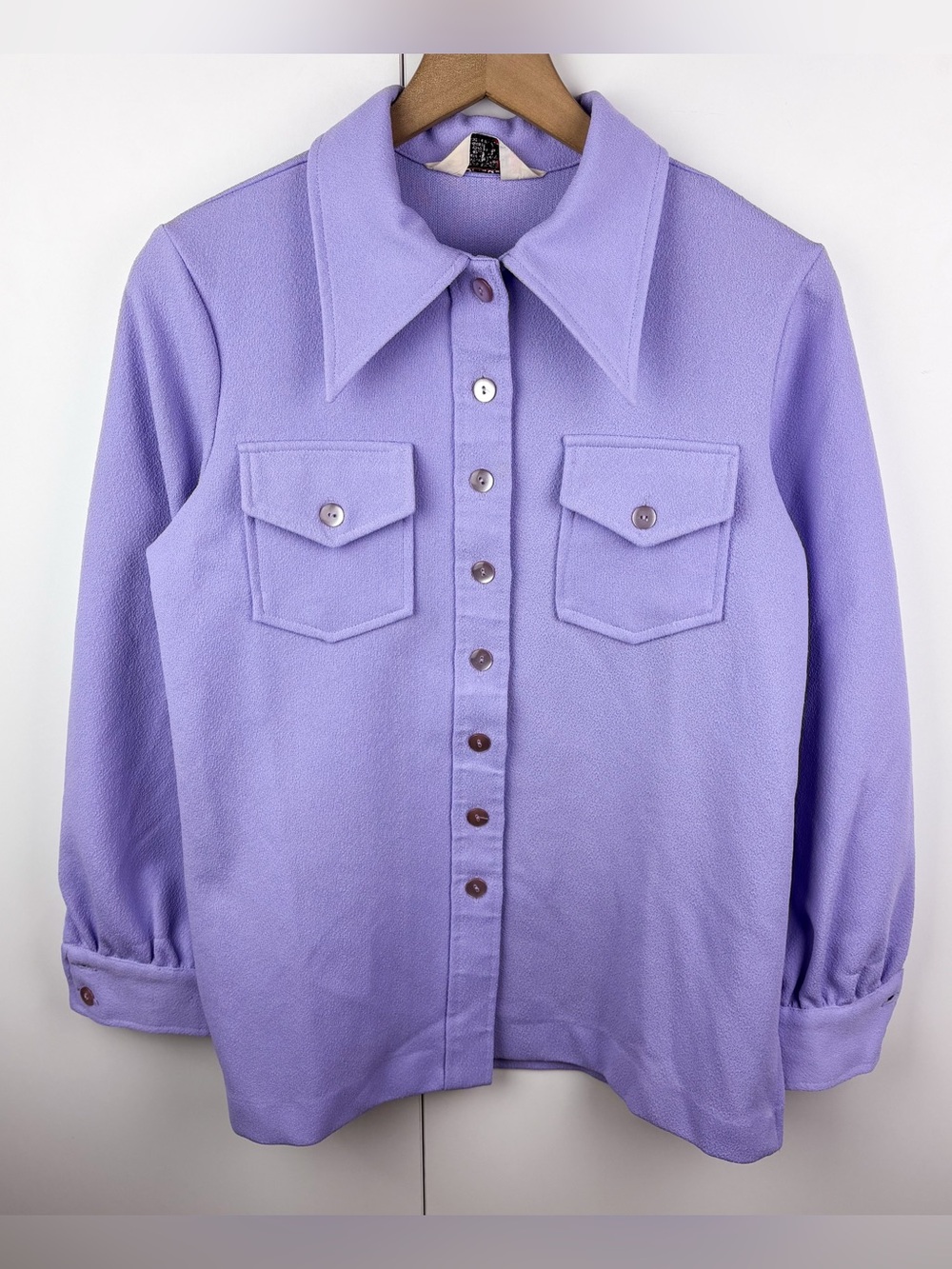 Vintage 70s Dagger Collar Lavender Purple Button Down Shirt Long Sleeve Medium